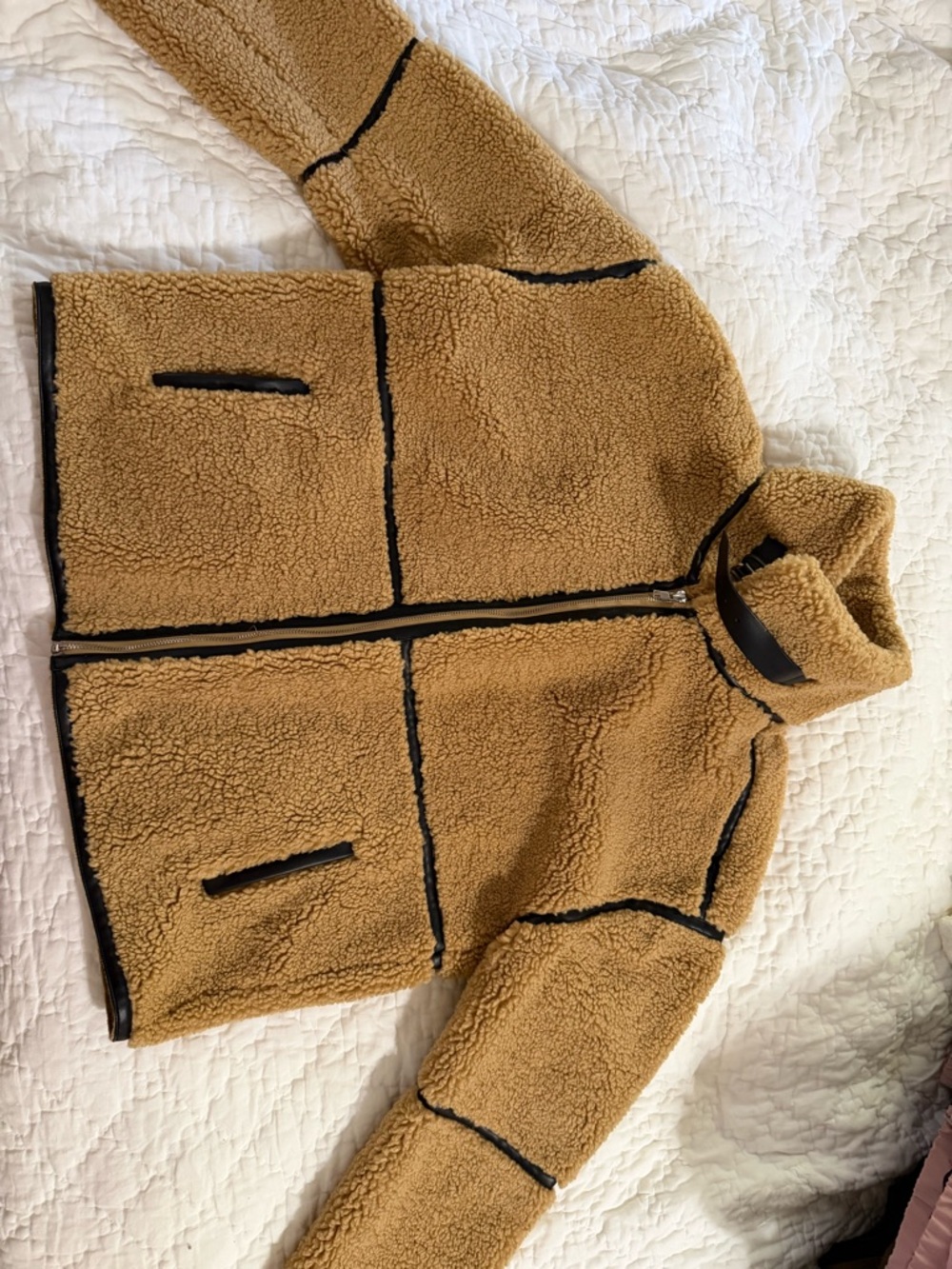 Elan Tan Sherpa Jacket with Black Trim